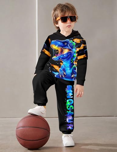Image of Toddler Boy Clothes Dinosaur Printed Hoodies Toddler Clothes for Boys Long Sleeve Sweatpants Set T-Rex Outfits 3-7t