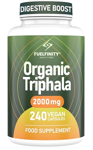 Triphala Organic Capsules - 2000 mg - 240 Capsules - Pure Whole Fruit Triphala Organic Capsule - Natural Constipation Relief & Digestion Support - FuelFinity - Clean Ayurvedic Detox Vegan