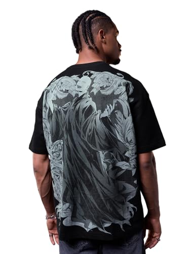 Image of The Souled Store Harry Potter: Dark Lord Men and Boys Short Sleeves Round Neck Black Graphic Printed Lightweight Drop Shoulder Streetwear Trendy Oversized T-Shirt