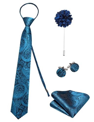 Image of Hi-Tie Teal Zipper Ties for Men Paisley Adjustable Pre-Tied Necktie Lapel Pin Pocket Square Cufflinks Set