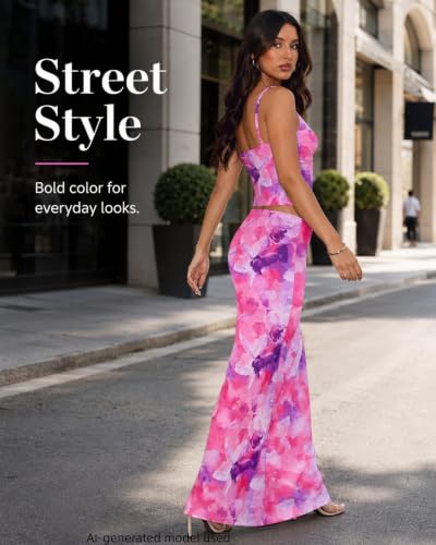 Image of Two Piece Skirt Set Women Maxi Long Skirt and Top Outfit | Soft stretchy 5 pc, slim bodycon, adjustable spaghetti straps, ruched crop tank, elastic waist, going out, beach vacation