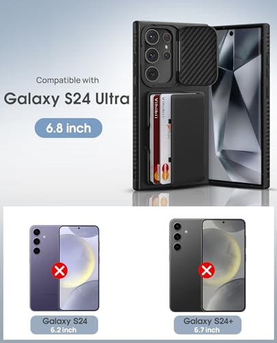 Image of Vihibii for Samsung Galaxy S24 Ultra Back Cover with Card Holder (4 Cards) & Stand & Camera Protective Cover, Hard Back Soft Edge Shockproof Kickstand Phone Case for Samsung S24 Ultra 6.8 inch, Black