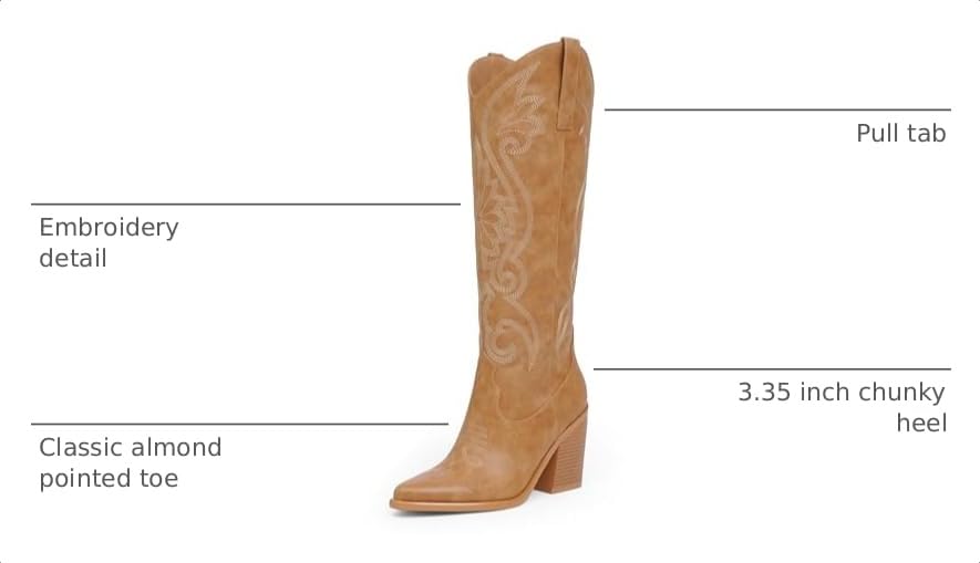 Image of Modatope Knee High Cowboy Cowgirl Boots Embroidered Tall Western Boots for Women with Block Chunky Heel Pointed Toe and Slip on Design
