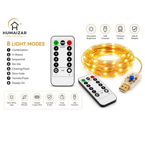 Image of HUMAIZAR 5M USB Powered LED String Lights with Remote & 8 Modes, Copper Wire Fairy Lights for Bedroom, Wedding, Christmas, Ramadan, Diwali, Party, Curtain & Home Decoration (Yellow Light)