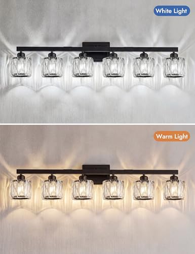 Image of VOLISUN Crystal Vanity Lights for Bathroom, 6 Light Bathroom Vanity Light, Modern Matte Black Bathrooms Light Over Mirror, Black Bathrooms Lights Fixtures-UL Certificated(Exclude Bulb)