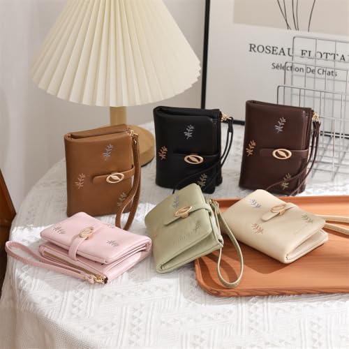 Women Short Wallet,Wallet with Leaf Embroidered for Women,Multi Card Holder Wallet,Ladies ID Credit Card Holder PU Small Clutch Bag Purses (Brown)2
