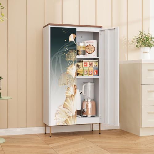 Image of 47 inch Metal Pantry Cabinet,White Kitchen Pantry Cabinets with Doors | Small Freestanding Storage Cabinet with Adjustable Shelves,Modern Cabinet for Living Room, Kitchen,Dining,Leaf Pattern