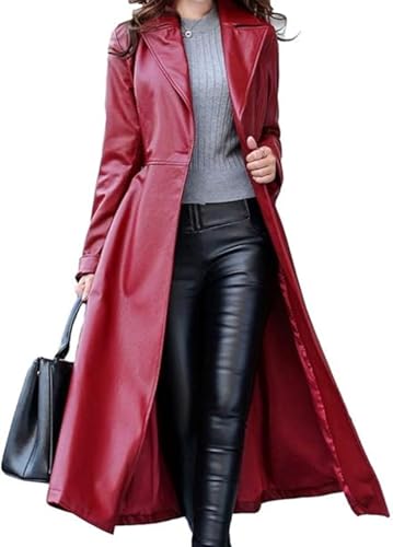 Women's Trench Coat Leather Lambskin Long Overcoat Jacket Real Genuine Black-Red For Women