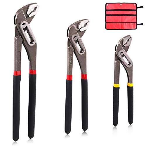 Hilitchi 3Pcs Heavy Duty Adjustable Water Pump Pliers Set Quick Release Groove Slip Joint Pliers V Jaws Pliers Comfortable Hand Feel 8-Inch, 10-Inch and 12-Inch for Plumbing, Basic Home Repair