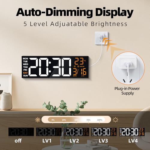 Image of Maxstar 16 inch Large Digital Wall Clock with 8 RGB Led Display & Remote Control, Loud Dual Alarms,5-Level Dimmer, Auto-DST, Temperature,Date,Night Light for Bedroom /Office /Living Room /Shop /Gym /Game Room