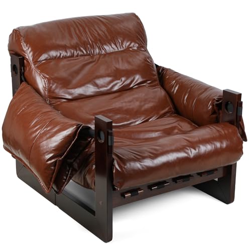 PU Leather Armchair, Ergonomic Solid Wood Club Chair, Retro Style Armchair with Removable Cushion, Waterproof for Indoor & Outdoor Use, 150kg Capacity