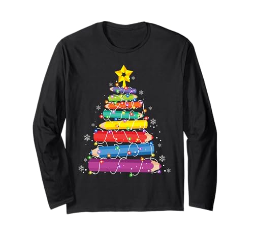 Cute Coquette Bow Teacher Christmas Crayons Pencil Tree Xmas Long Sleeve T-Shirt