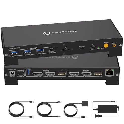 KVM Switch 3 Monitors 2 Computers 4K@120Hz Displayport and 4K@60Hz HDMI USB C KVM Switch Docking Station Shared Dual or Triple Monitors for Thunderbolt 3 Laptop and Desktop Support 100W PD Charging