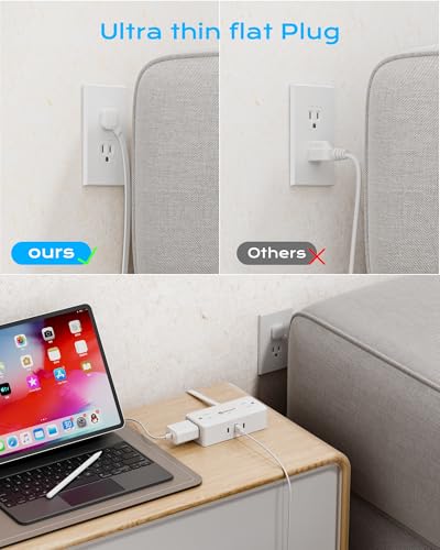 Image of Kakyanill Surge Protector Power Strip, 10 ft Flat Extension Cord with 4 Outlets 3 USB Ports (2 USB C), Flat Plug Power Strip with 900 Joules Protection, Suitable for Home Office Dorm Room, White