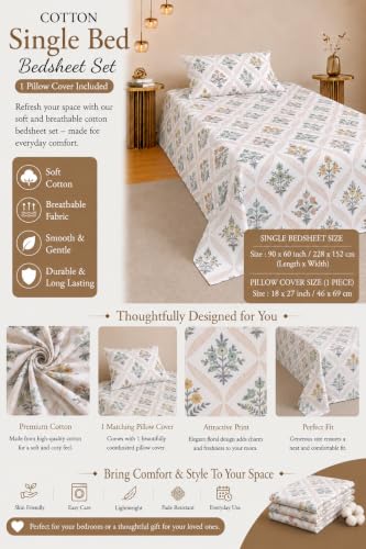 Image of IVAZA 260 TC Soft Ezyption Cotton Floral Single Bed Sheet - Single bedsheet with 1 Pillow Cover Hypoallergenic, Brethable, (Size- 90 x 60 Inch Sage Green