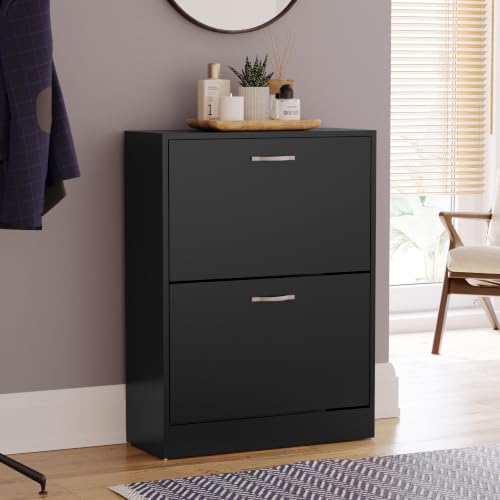 Vida Designs Shoe Cabinet Wooden Shoe Storage Unit with 2 Pull-Down Drawers Multifunctional Dust-Proof Space-Saving Slim Cupboard for Hallway or Entryway (Black)