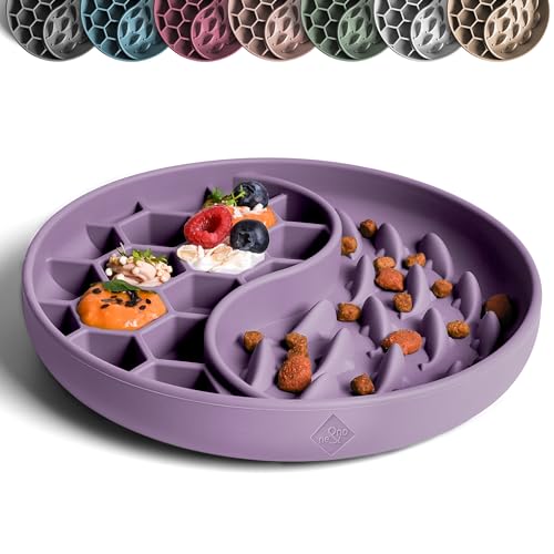 ne&no® Anti Schling Napf für Hunde und Katzen I Slow Feeder I Leckmatte Hund mit großem Saugnapf I Schleckmatte Katze für Nassfutter und Trockenfutter (cool Lilac)