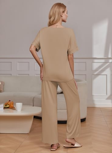 Image of Ekouaer Pajama Sets for Women 2 Piece Lounge Set Short Sleeve Tops and Long Pants Soft Comfy Pjs Sleepwear Outfits S-XXL