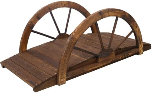 LuckyNote】3.3ft Wooden Garden Bridge Arc Footbridge with Half-Wheel Style Railings & Solid Fir Construction, Stained Wood 39.5x19.2x14.7 Inch, 330 lbs Weight Capacity