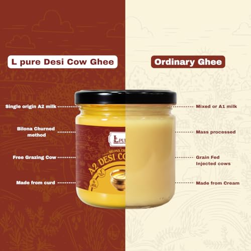 Image of LPURE A2 Cow Ghee 500ML | Desi Ghee in Glass Jar | Bilona Method | Grass-Fed | Curd-Churned | Cultured Ghee | Pure, Natural, Healthy | Keto-Friendly | Lab Tested