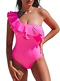 Hilinker Women's Ruffle One Shoulder One Piece Swimsuit Monokinis Bathing Suit Hot Pink Large