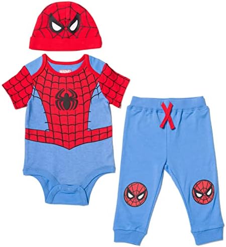 Marvel Avengers Spider-Man Baby Boys 3 Piece Outfit Set: Bodysuit Pants Hat Spider-Man 0-3 Months