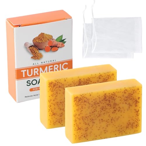 Jabón de Cúrcuma Natural con Ácido Kójico y Limón – Jabón Natural Exfoliante y Aclarador de Piel – Iluminador Hidratante para Cara y Cuerpo con Red Espumosa (2 x 100g)