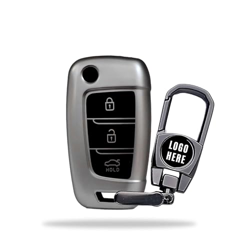 Image of SIAGO Premium TPU Car Key Cover and Metal Keychain Compatible with Hyundai Verna 2024 2023 | i20 N line N6 Car 3 Button Flip Key (Grey)