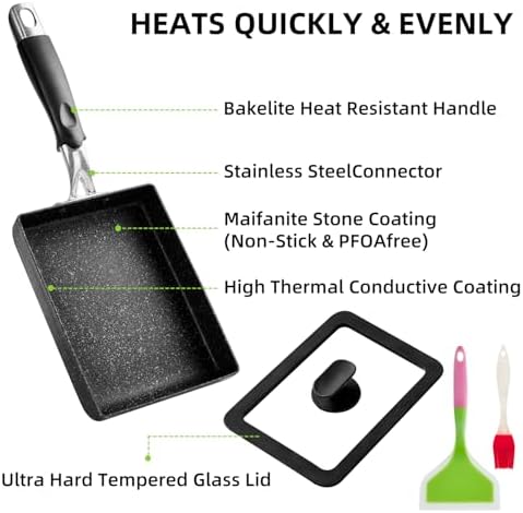 Premium Tamagoyaki Pan 7" x 6" - Japanese Omelette Pan Nonstick - Japanese Egg Pan with Lid and Oil Brush - Thumbnail 4