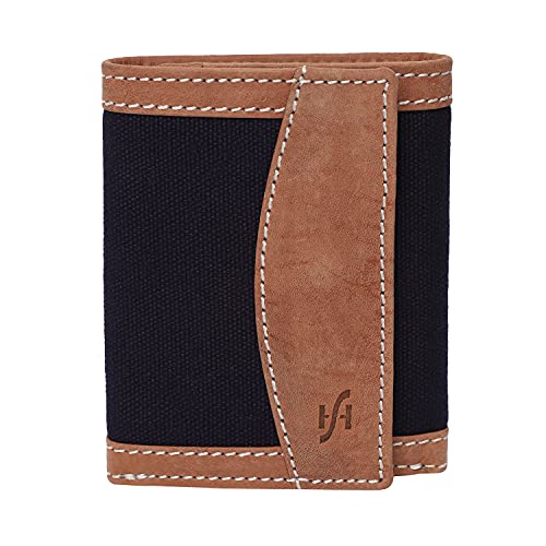 RFID BLOCKING Men's Trifold Distressed Hunter Leather & Canvas Wallet Brown Blue 805