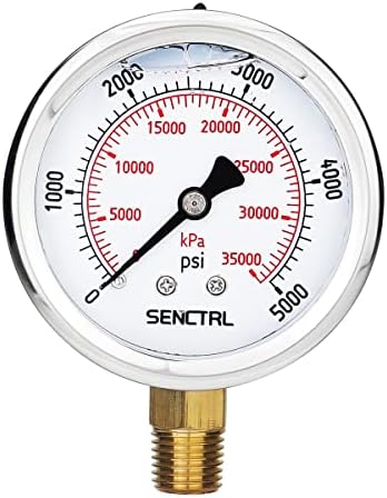 SENCTRL 5000 Psi Glycerin Liquid Filled Hydraulic High Pressure Gauge, 2.5" Dial Size, 1/4" NPT Lower Mount, Stainless Steel Case, for Argon Air Co2 Gas Water Oil Pressure Test