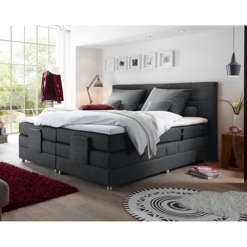 Lomadox Boxspringbett Hotelbett Doppelbett in Anthrazit, Komfort Topper, 180x200 cm, H2, elektrisch verstellbar, Taschenfederkern-Matratze