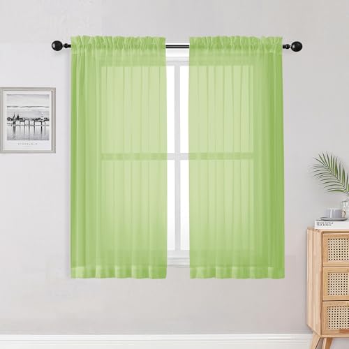 Image of OWENIE Lime Sheer Curtains for Bedroom Living Room 54 Inch Length 2 Panels Set, Soft Solid Light Filtering Sheer Short Curtains for Small Window, 2 Pcs Total 84 Width 54 Long, Lime