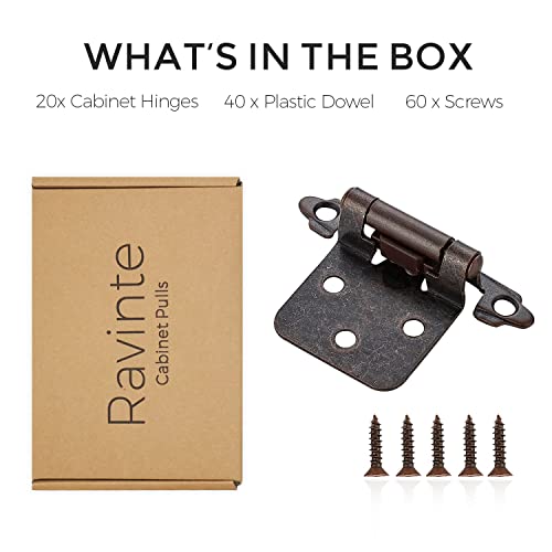 Image of Ravinte 20 Pack (10 Pairs) 1 /2 inch Overlay Cabinet Hinges, Self-Closing Semi-Concealed Face Mount, Antique Copper Decorative Hardware with Door Bumpers for Kitchen & Cupboard Doors