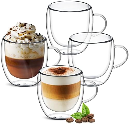 Ulrikco 8oz Double Walled Glass Coffee Mugs with Handle, Clear Cappuccino Glass Mug Set of 4, Insulated Drinking Glass Coffee Cups and Tea Cups, Espresso Mug Cups, Heat Resistant Dishwasher Safe