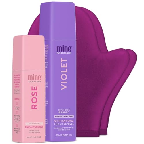 MineTan Best Sellers Self Tan Bundle | Express 1 Hour - Includes Dark Violet Sunless Tanner Mousse, Face Mist, Application Mitt, & Exfoliating Glove for Tan Removal & Prep