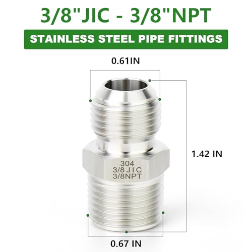 Image of TAISHER 2PCS Forging of 304 Stainless Steel JIC Flare Tube Fittings, 3 /8 inch JIC Male x 3 /8 inch NPT Male, Half Union