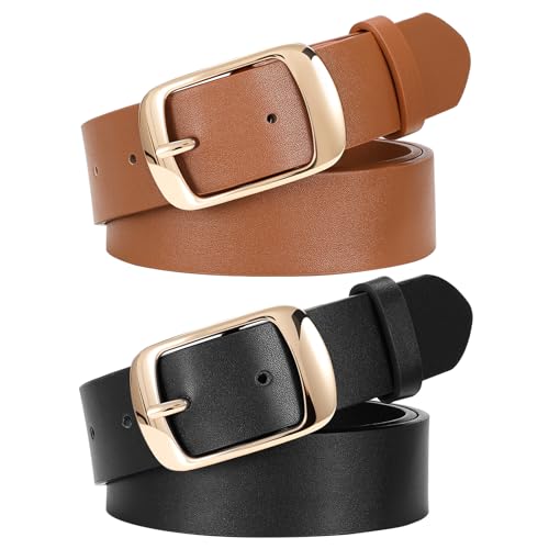 Image of Fashion Women Leather Belts for Jeans Designer Belts for Dress Pants with Gold Double O-Ring Buckle