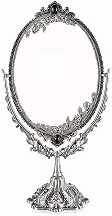 Luckymoo Vintage Double Face Retro Bronze Alloy Metal Table Makeup Dresser Desktop Decorative Mirror Embossed Frame Makeup Tool (Antique Pewter)