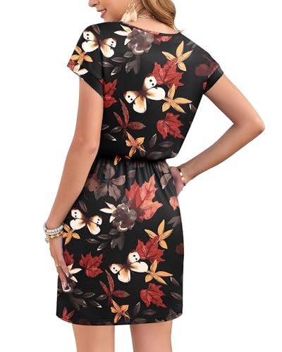 Image of AUSELILY Womens Summer Mini Dress, Short Sleeve V Neck Drawstring Casual | Soft smooth drape with an adjustable drawstring waist for beach, casual outings and daily wear