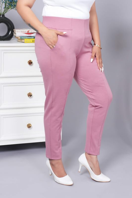Image of Mlada Women's Solid Cotton Lycra High Waist Ankle Length Tummy Tucker Jeggings Trouser with 2 Side Pockets | Office Wear Summer Pants | Regular Fit, Stretchable, Comfortable & Stylish Everyday Bottoms