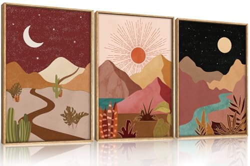 LHIUEM Large Boho Southwest Mountain Framed Canvas Wall Art,Abstract Desert