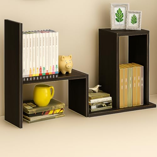 Image of Desktop Shelf Organizer, Adjustable Wood Office Storage Rack, Counter Display Small Bookshelf for Home /Office /School(Dark Walnut)