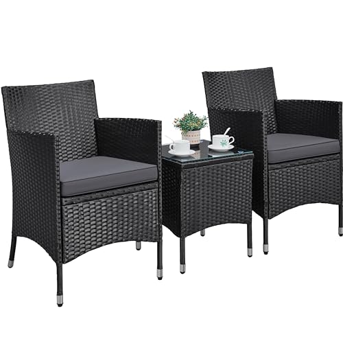 Yaheetech Set Mobili da Giardino 2 Poltrone e 1 Tavolino in Rattan PE Impermeabile per Esterno con Cuscini Nero/Grigio