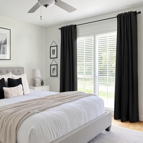 INOVADAY 100% Blackout Curtains 102 Inches Length 2 Panels Set, Back Tab/Rod Pocket Linen Black Out Curtains for Bedroom, Thermal Insulated Window Drapes - Black, W50 X L102