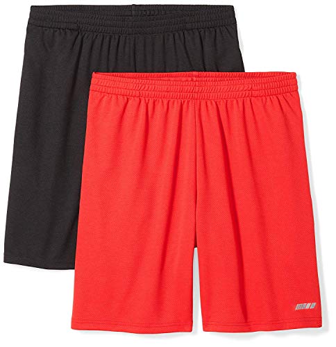 Amazon Essentials Men's Athletic Basketball Gym,Performance Tech Loose-Fit Training Shorts, Pack of 2, Black/Red, XX-Large