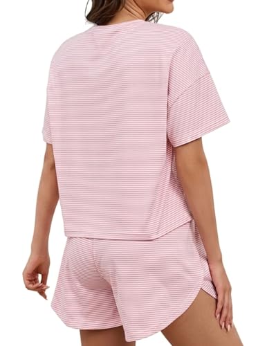 Image of Womens Pajama Sets Shorts 2 Piece Striped Matching Pjs Set Summer Split Soft Comfy Lounge Sleepwear