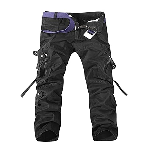 Herr Cargo Pants Arbetsbyxor, Casual Multi Pocket Cargo Pants Combat Sports Battle Pants Bomullsbyxor för hemmet (med bälte) (Color : Black, Size : M)
