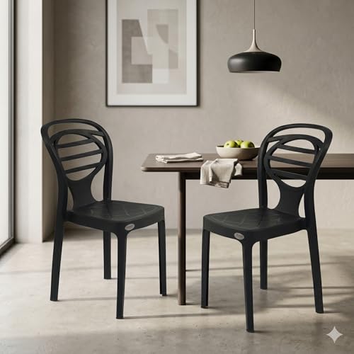 Image of Oaknest Supreme Oak Armless Plastic Dining Chair | Compact & Ergonomic Design for Home, Living Room, Balcony & Outdoor Seating | Color : Black, Set of 2