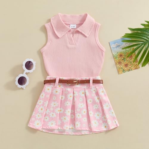 Image of BeQeuewll Toddler Baby Girl Summer Clothes Daisy Flower Girl Outfit Knit Shirt Mini Pleated Skirts Set Outfits for Grils1-4T (Pink, 2-3 Years)